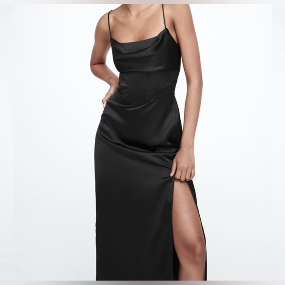 Zara Women’s High Slit Black Satin Corset Midi Dress